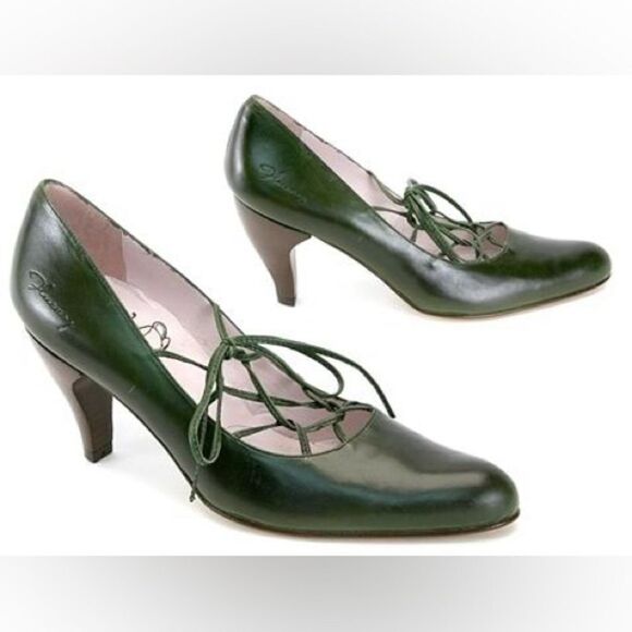 John Fluevog Teapots Darjeeling Leather Pumps Heels Olive Green - Picture 2 of 15